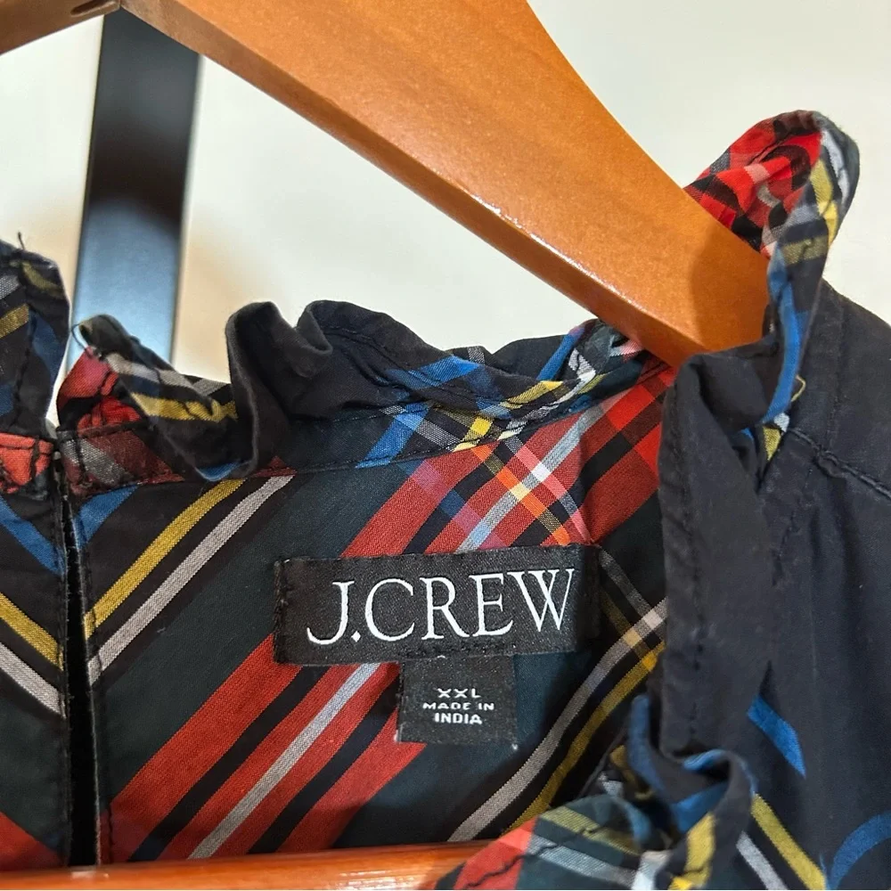 J. Crew Smocked Puff Sleeve Cotton Poplin Top Stewart Tartan Plaid Blouse Sz XXL